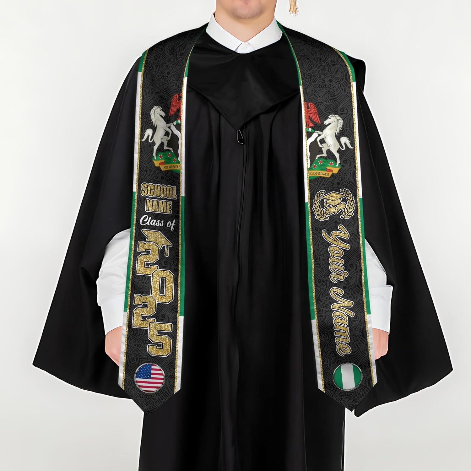Pretyprints Custom Nigerian Graduation Sash, Nigeria Graduation Stole Customize, Nigerian American Flag Graduation Sash 2025