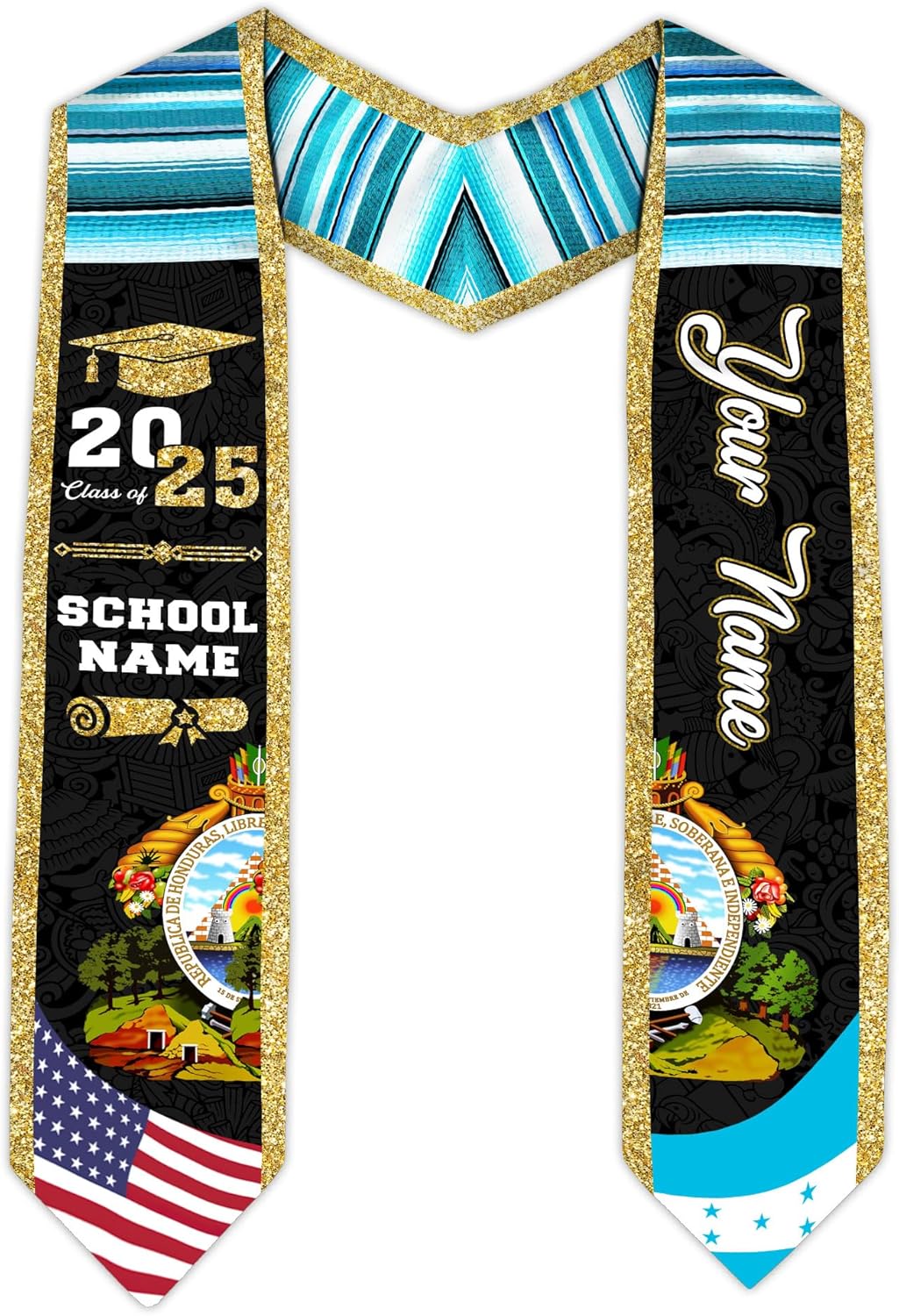 Pretyprints Honduran Graduation Sash, Custom Honduran American Flag Graduation Sash 2025, Honduras Graduation Stole