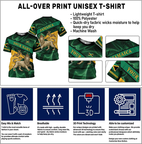 Ligthuy Personalized Jamaica Shirt 3D, Custom Jamaica Flag Lion Shirt for Men and Women, Jamaican Pride T-Shirt Unisex