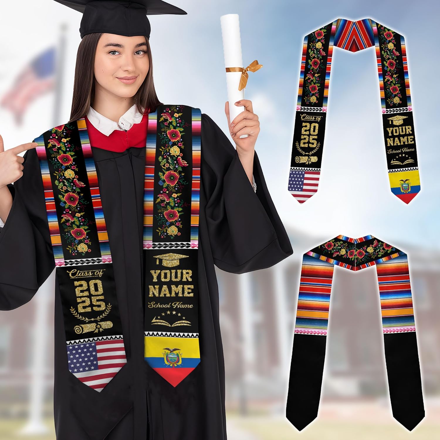 Pretyprints Ecuador Graduation Stole, Ecuadorians American Flag Graduation Sash 2025, Ecuadorians Graduation Sash