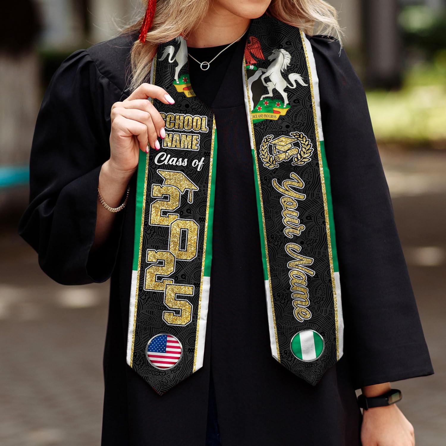 Pretyprints Custom Nigerian Graduation Sash, Nigeria Graduation Stole Customize, Nigerian American Flag Graduation Sash 2025