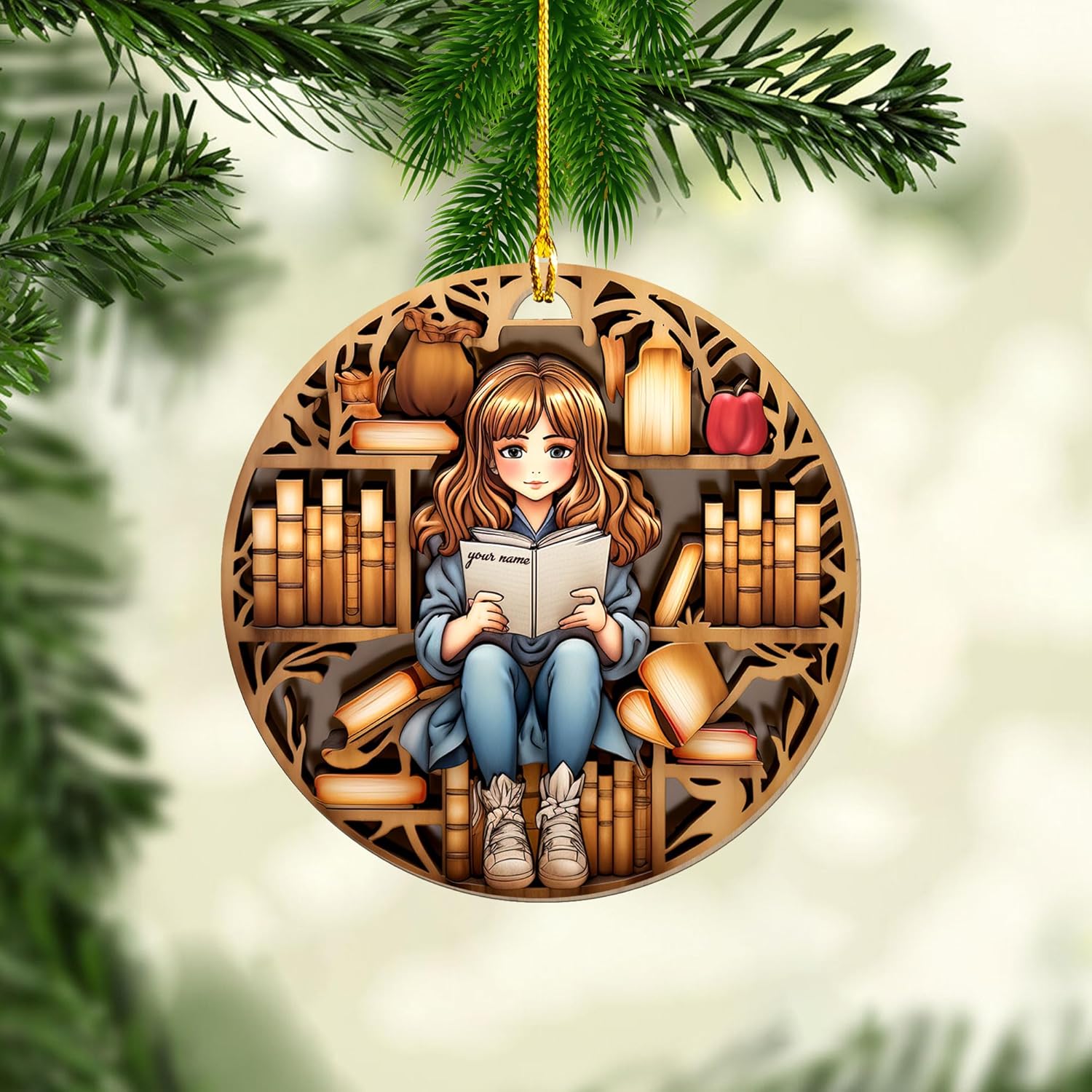 Personalized Book Lovers Heart Ornament, Reading Book Xmas Printd Wood Ornament 2024, Bookshelf Ornament Gift for Her Librarian 2D Flat Printed Wood Book Lovers Ornament (Book 7)