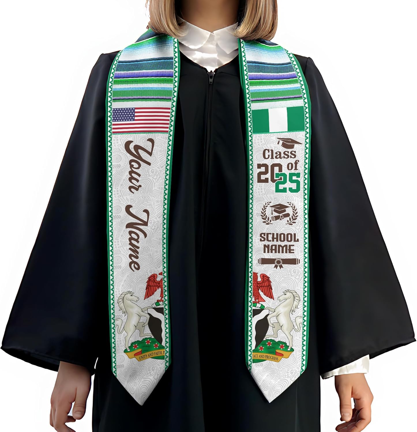 Pretyprints Custom Nigerian Graduation Sash, Nigeria Graduation Stole Customize, Nigerian American Flag Graduation Sash 2025