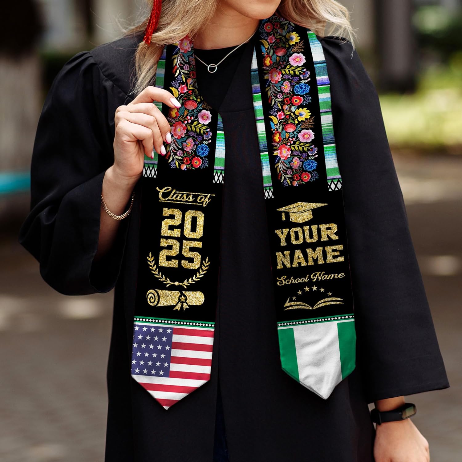 Pretyprints Custom Nigerian Graduation Sash, Nigeria Graduation Stole Customize, Nigerian American Flag Graduation Sash 2025
