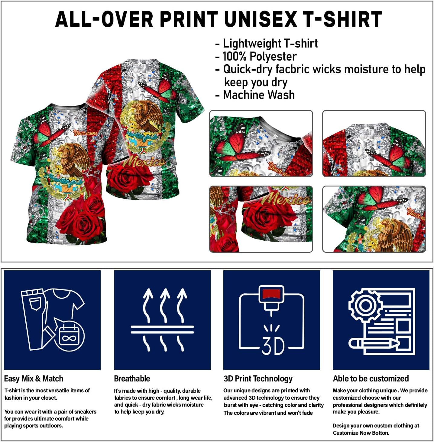 Mostprints Personalized Mexico Shirts for Women, Custom Name Mexican Shirts for Women, Mexico Shirt Flag Women Full Size New