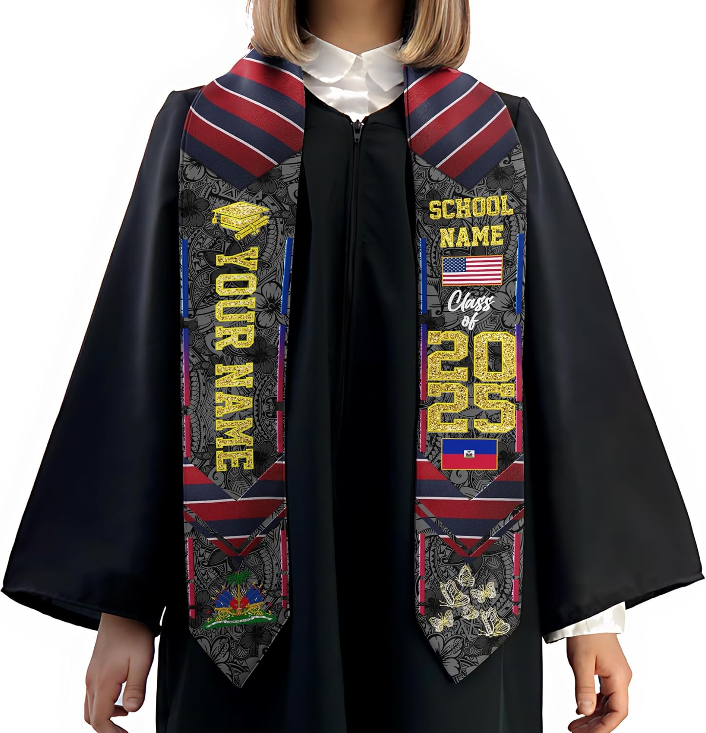 Pretyprints Haitians Graduation Sash, Haiti Graduation Stole Custom, Personalized Haitians American Flag Graduation Sash 2025