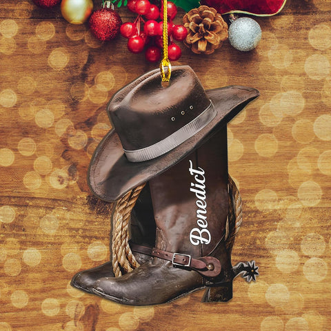 Royalbro Personalized Cowboy Christmas Ornaments, Cowboy Boots and Hat Ornament for Cowboy, Saddle Ornament, Cowboy Cowgirl Horseback Riding Cowboys Ornament Tree Hanging Ornament Gift Xmas (CB N1)