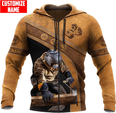 Personalized Welder Brown Leather Welding Unisex Hoodie, T Shirt, Zip Up Hoodie, Sweatshirt For Men AD1146