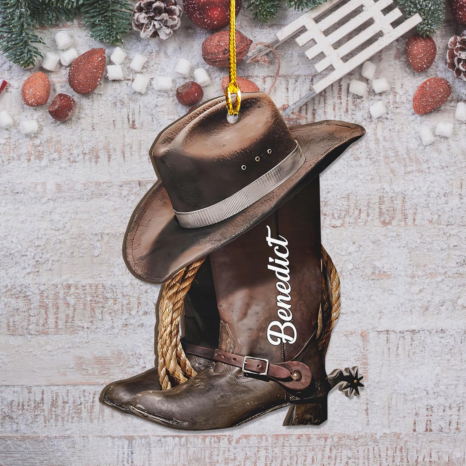 Royalbro Personalized Cowboy Christmas Ornaments, Cowboy Boots and Hat Ornament for Cowboy, Saddle Ornament, Cowboy Cowgirl Horseback Riding Cowboys Ornament Tree Hanging Ornament Gift Xmas (CB N1)