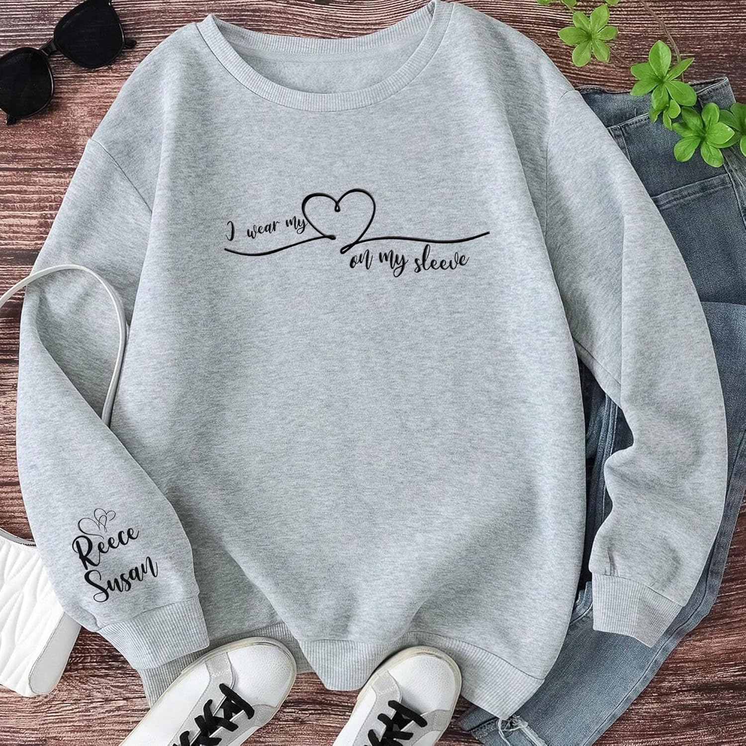 AOVL Personalized Embossed I Wear My Heart On My Sleeve Sweatshirt, Custom Mama Sweatshirt With Name On Sleeve, Gift For Mom
