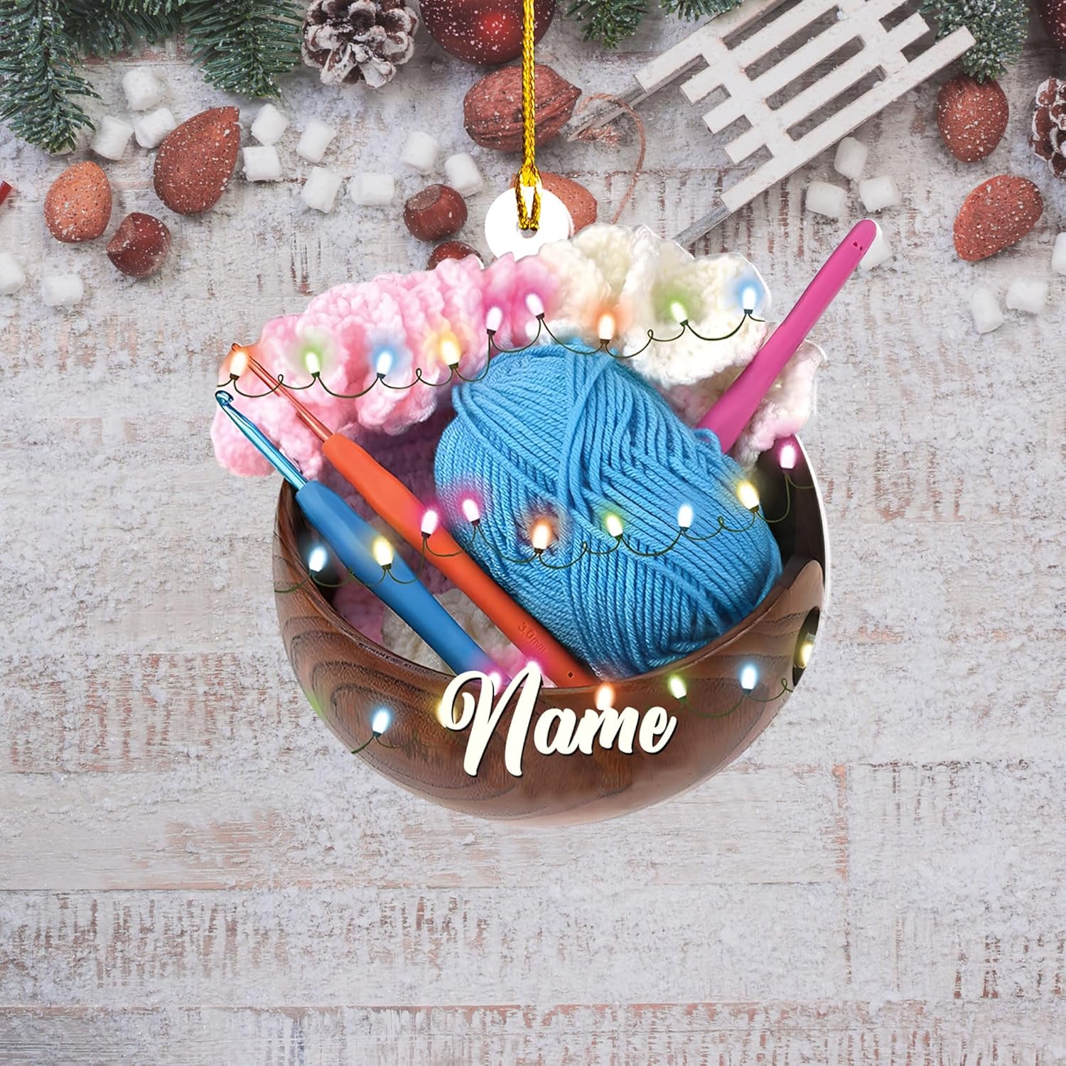 Personalized Knitting Yarns Ornament Christmas, Wool Bakset Knitting Accessories with String Lights Christmas Tree Ornament, Knitting Customized Christmas Ornament String Lights Christmas (KN12)