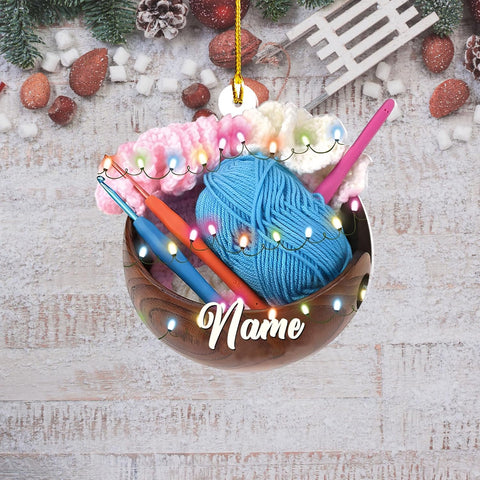 Personalized Knitting Yarns Ornament Christmas, Wool Bakset Knitting Accessories with String Lights Christmas Tree Ornament, Knitting Customized Christmas Ornament String Lights Christmas (KN12)