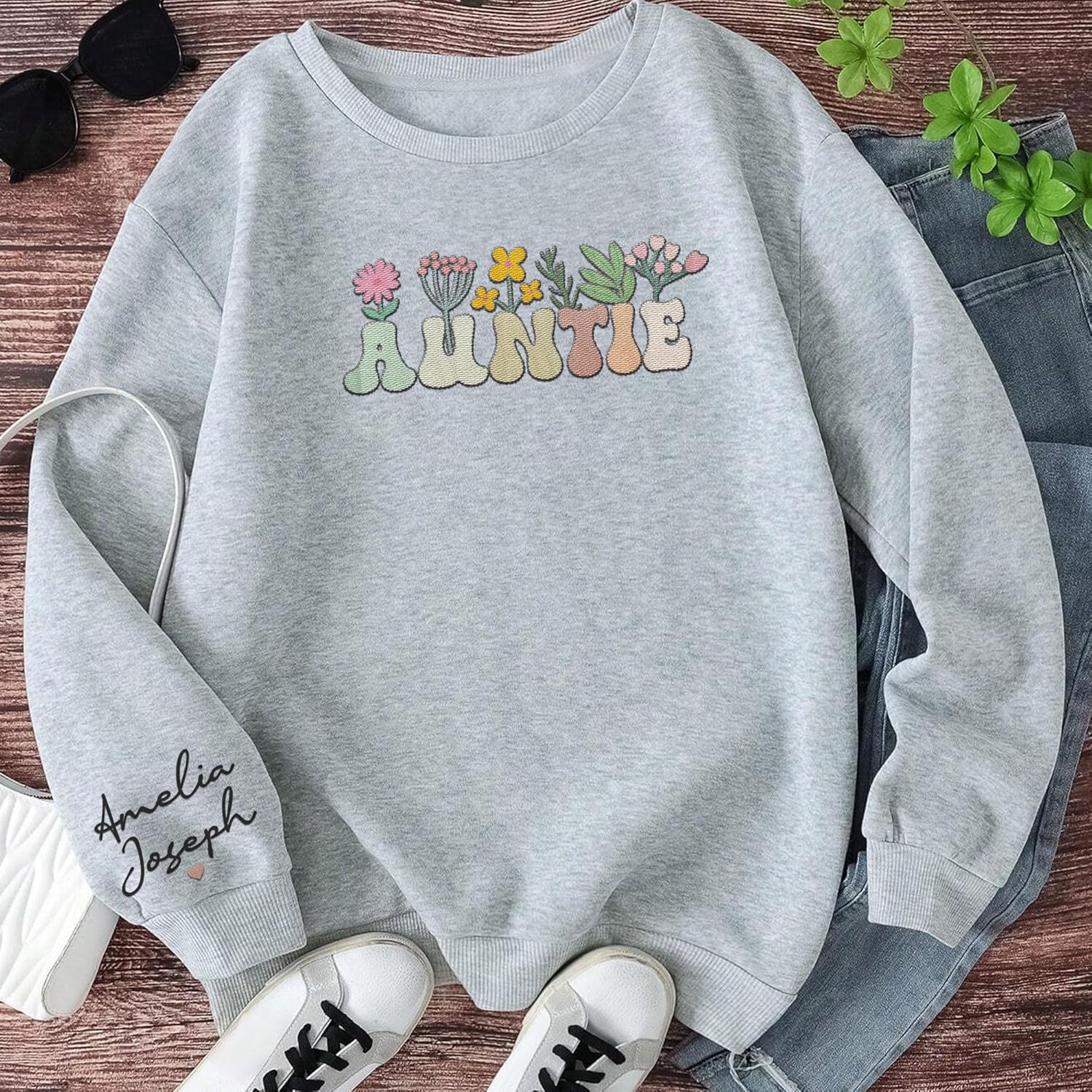 Personalized Embroidered Auntie Sweatshirt & Hoodie, Funtie Auntie Sweatshirt For Women Custom Kids Name On Sleeve (Cotton, AT 10), Small-5X-Large