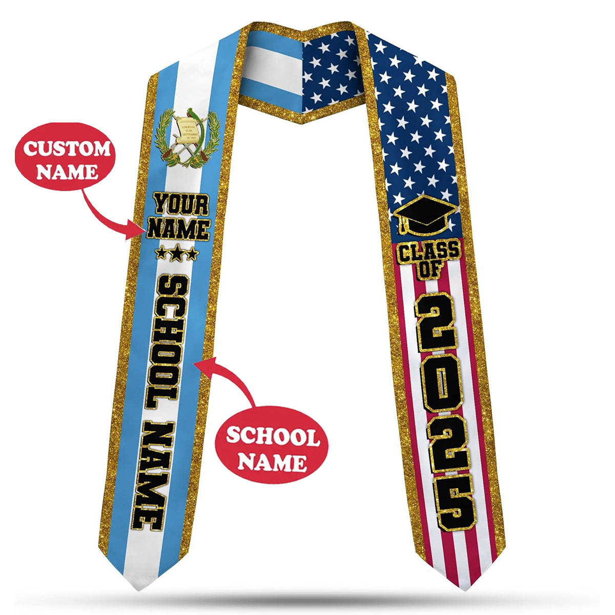 Custom NAME Guatemalan American Graduation Stole 2025, Guatemala Graduation Sash, Grad Accessories