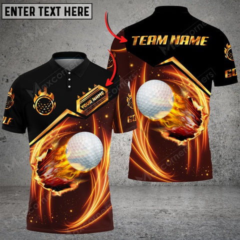 Mostprints Premium Golden Fire Golf Ball Jersey Customized 3D Polo Shirt