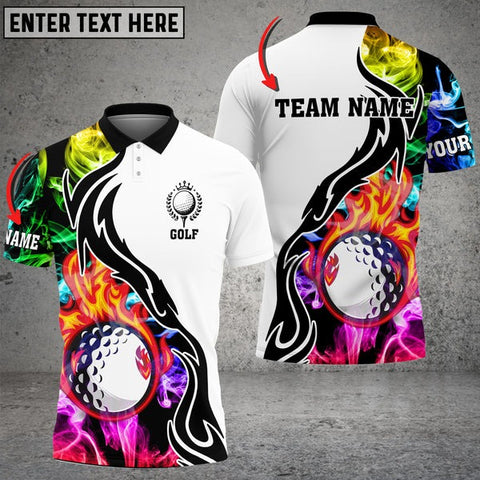 Mostprints Customized Name Fire Golf Ball Multicolor Smoke Pattern Custom 3D Polo Shirt