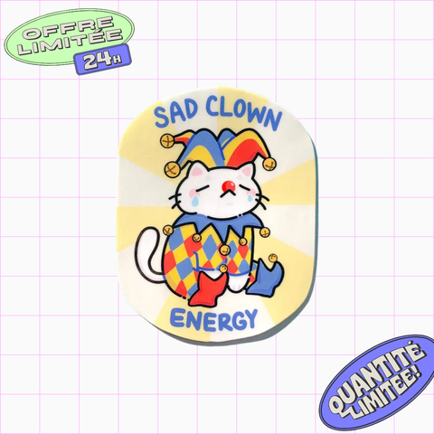 Sad Clown Energy Sticker Cute Kitten Circus Jester Design Funny Pet Sticker for Laptop, Water Bottle