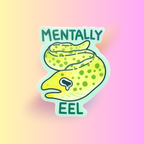 Mentally Eel Sticker | Funny Sad Fish Meme Design | Cute Moray Marine Animal Pun Sticker for Laptop, Water Bottle