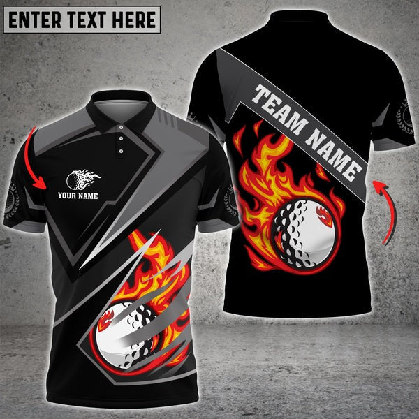 Mostprints Golf Sport Black Fire Ball Personalized Name Team Name 3D Polo Shirt