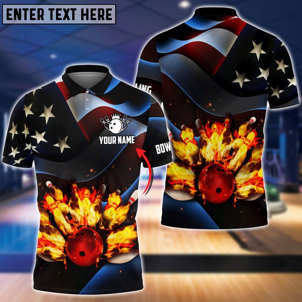 Mostprints Bowling Ball And Pins Flame USA Flag Pattern Customized Name 3D Shirt