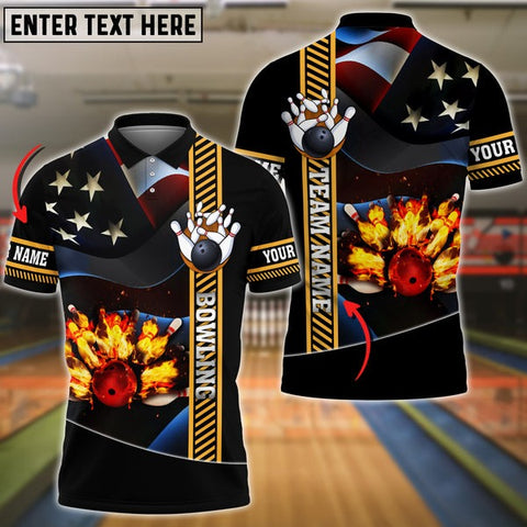 Mostprints Bowling Ball And Pins Flame USA Flag Pattern Premium Customized Name 3D Shirt