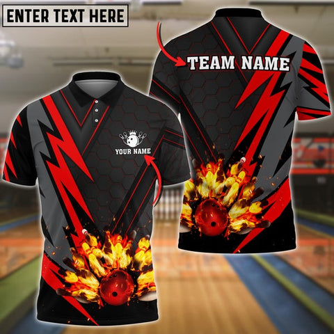 Mostprints Bowling Ball And Pins Flame Red Thunder Pattern Premium Customized Name 3D Shirt