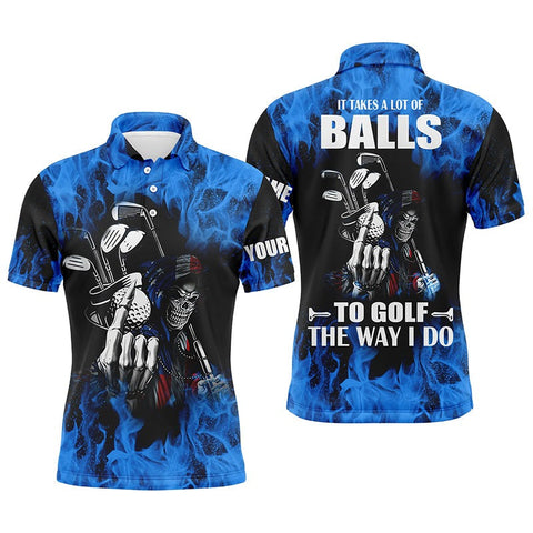 Mostprints Mens Golf Polo Shirts Custom Name Blue Flame Golf Skull It Takes A Lot Of Ballsto Golf The Way I Do