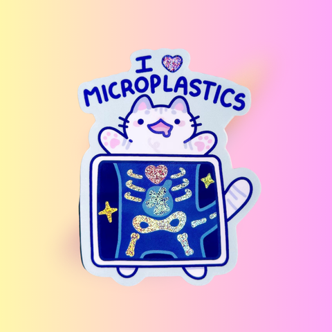 I Love Microplastics Sticker | Cute Cat Kitten Eating Plastic Design | X-Ray Vet Visit Sticker for Laptop, Water Bottle, Phone