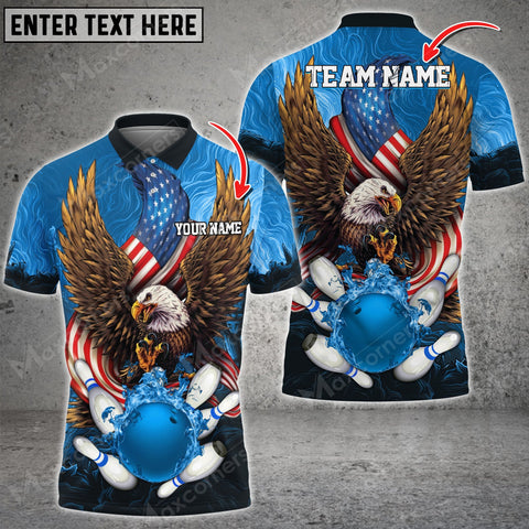 Mostprints Bowling & Pins USA Eagle Flag Multicolor Option Customized Name, Team Name 3D Polo Shirt (4 Colors)