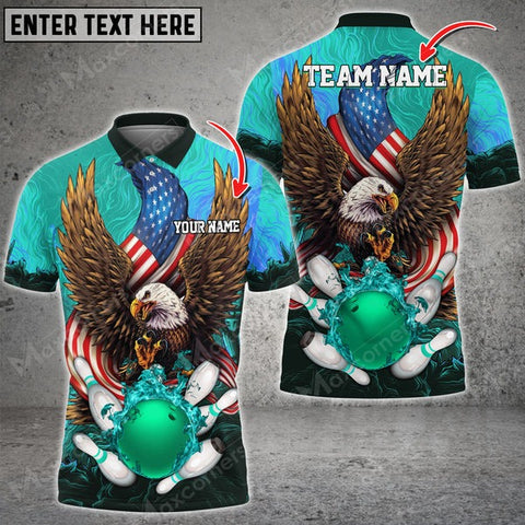 Mostprints Bowling & Pins USA Eagle Flag Multicolor Option Customized Name, Team Name 3D Polo Shirt (4 Colors)