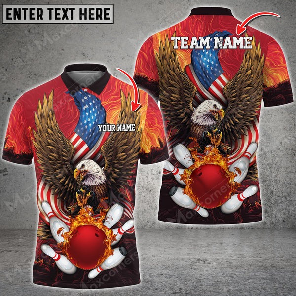 Mostprints Bowling & Pins USA Eagle Flag Multicolor Option Customized Name, Team Name 3D Polo Shirt (4 Colors)