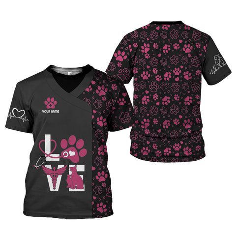 Personalized Dog Grooming 3D T-Shirt with Name, Cute Pet Grooming Summer Uniform Tee Shirt for Women