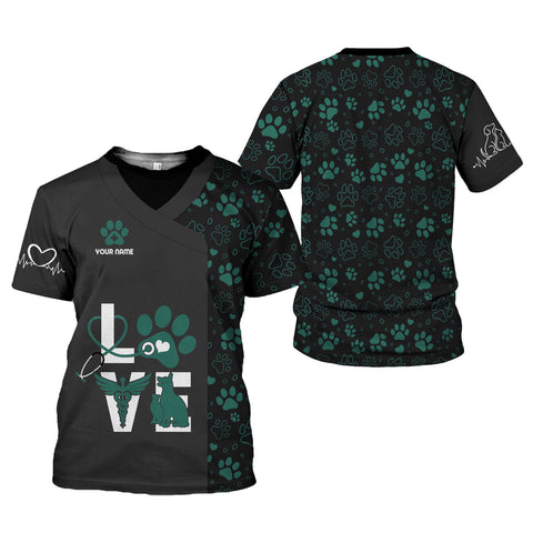 Personalized Dog Grooming 3D T-Shirt with Name, Cute Pet Grooming Summer Uniform Tee Shirt for Women