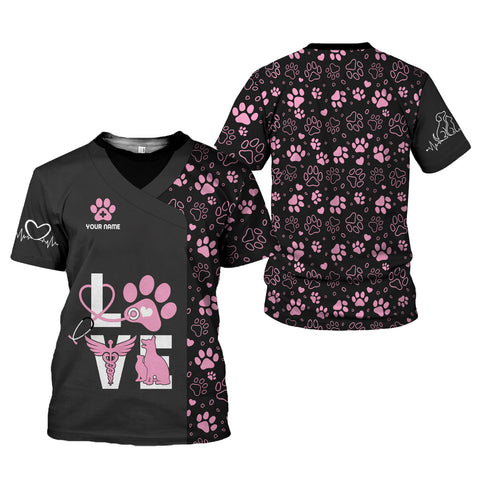 Personalized Dog Grooming 3D T-Shirt with Name, Cute Pet Grooming Summer Uniform Tee Shirt for Women