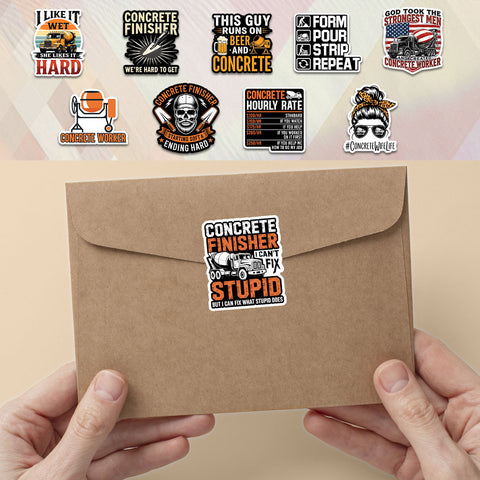10pcs Funny Concrete Worker Sticker 3 in, Vinyl Stickers for Concrete Finisher, Construction Workers, Cement Mixer Humor, Waterproof Decals for Hard Hat Toolbox Laptop Vehicles