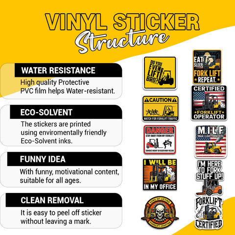 (10PCS) Forklift Driver Sticker 3inches, M.I.L.F Man I Love Forklifts, Do You Even Lift bro Funny Quotes Waterproof Vinyl Decal, Gift Suitable for Water Bottles Laptop Car