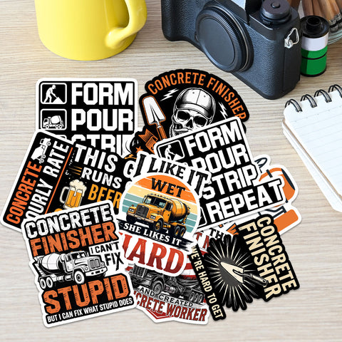 10pcs Funny Concrete Worker Sticker 3 in, Vinyl Stickers for Concrete Finisher, Construction Workers, Cement Mixer Humor, Waterproof Decals for Hard Hat Toolbox Laptop Vehicles