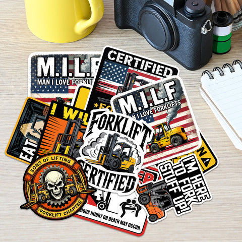 (10PCS) Forklift Driver Sticker 3inches, M.I.L.F Man I Love Forklifts, Do You Even Lift bro Funny Quotes Waterproof Vinyl Decal, Gift Suitable for Water Bottles Laptop Car