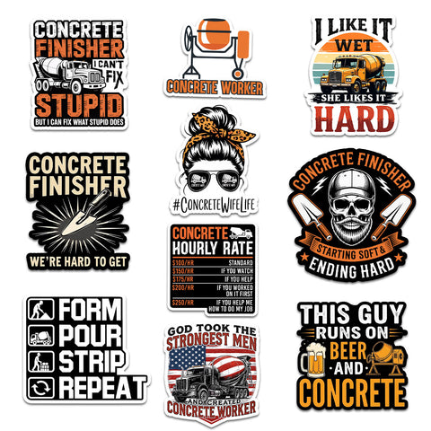 10pcs Funny Concrete Worker Sticker 3 in, Vinyl Stickers for Concrete Finisher, Construction Workers, Cement Mixer Humor, Waterproof Decals for Hard Hat Toolbox Laptop Vehicles