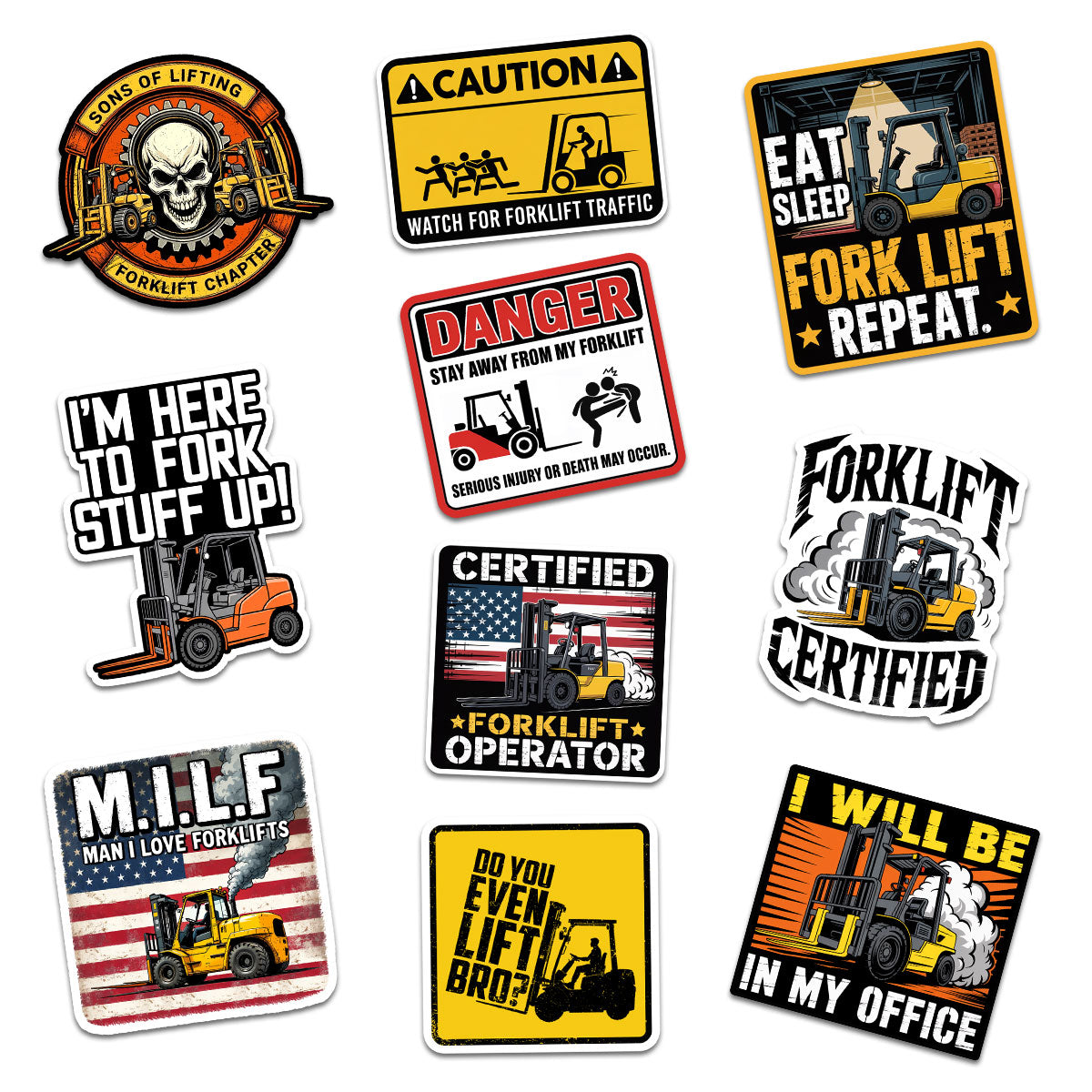 (10PCS) Forklift Driver Sticker 3inches, M.I.L.F Man I Love Forklifts, Do You Even Lift bro Funny Quotes Waterproof Vinyl Decal, Gift Suitable for Water Bottles Laptop Car