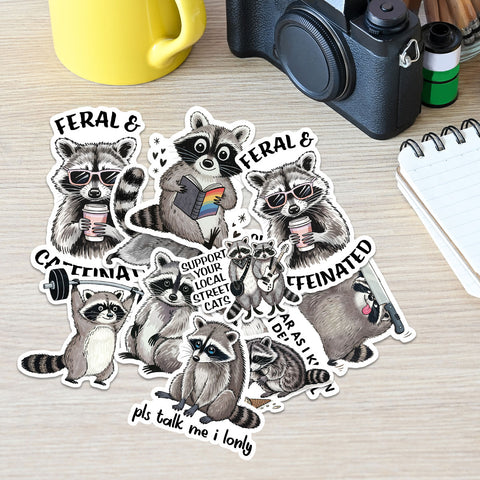 10 pcs Raccoon Stickers, Gift for Kids Boys Girls Teens, Cute Cartoon Waterproof Vinyl Stickers for Laptop Water Bottle Luggage Cup Phone Scrapbook