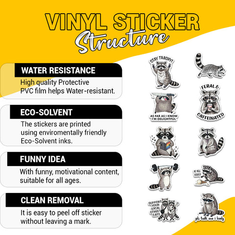 10 pcs Raccoon Stickers, Gift for Kids Boys Girls Teens, Cute Cartoon Waterproof Vinyl Stickers for Laptop Water Bottle Luggage Cup Phone Scrapbook