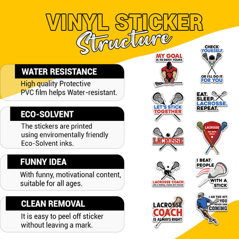 10PCS Lacrosse Stickers 3in, Vinyl Waterproof Lacrosse Stickers for Water Bottles Laptop Notebook Luggage, Party Favors