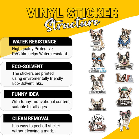 10PCS French Bulldog Stickers 3in, Cute and Funny Dog Birthday Decorations for Food Bowls, Doghouse, Party Favors