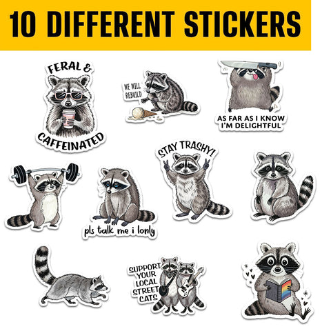 10 pcs Raccoon Stickers, Gift for Kids Boys Girls Teens, Cute Cartoon Waterproof Vinyl Stickers for Laptop Water Bottle Luggage Cup Phone Scrapbook