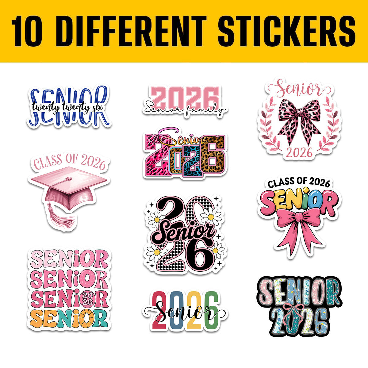 10pcs Senior 2026 Stickers, Cute Sticker For Student, Graduation Class Of 2026 Gift, Waterproof sticker Decoration For Laptop Planner Tablet Kindle Vehicles