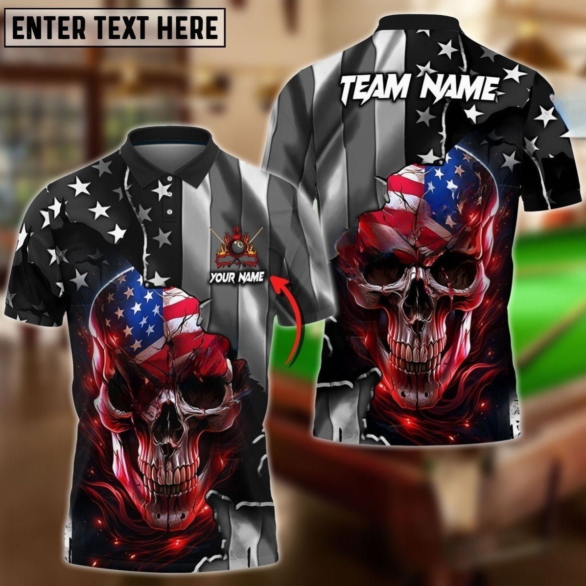 Mostprints Billiards Skull American Flag Ball 8 Logo Personalized Name, Team Name 3D Polo