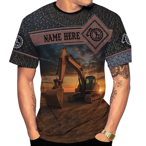 Personalized Excavator Shirt 3D with Name, Short Sleeve Tee for Men Top Casual Wear