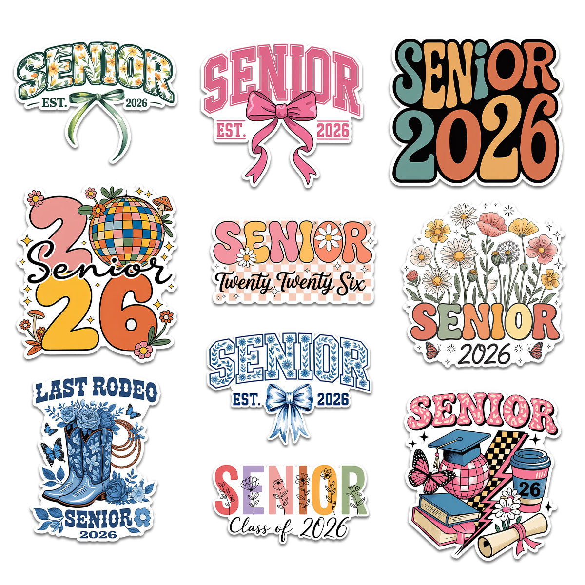 (10PCS) Senior 2026 Sticker Pack, Girly High School Waterproof Decal for Student, Graduation Class of 2026 Gift, College Student Decoration for Laptop Tablet Kindle 3 Inches