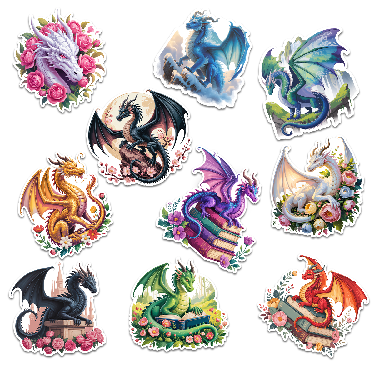 (10PCS) Fire Dragon Stickers 3in, Fantasy Dragons Stickers for Water Bottle Laptop, Kids gift Stickers Pack, book lover sticker